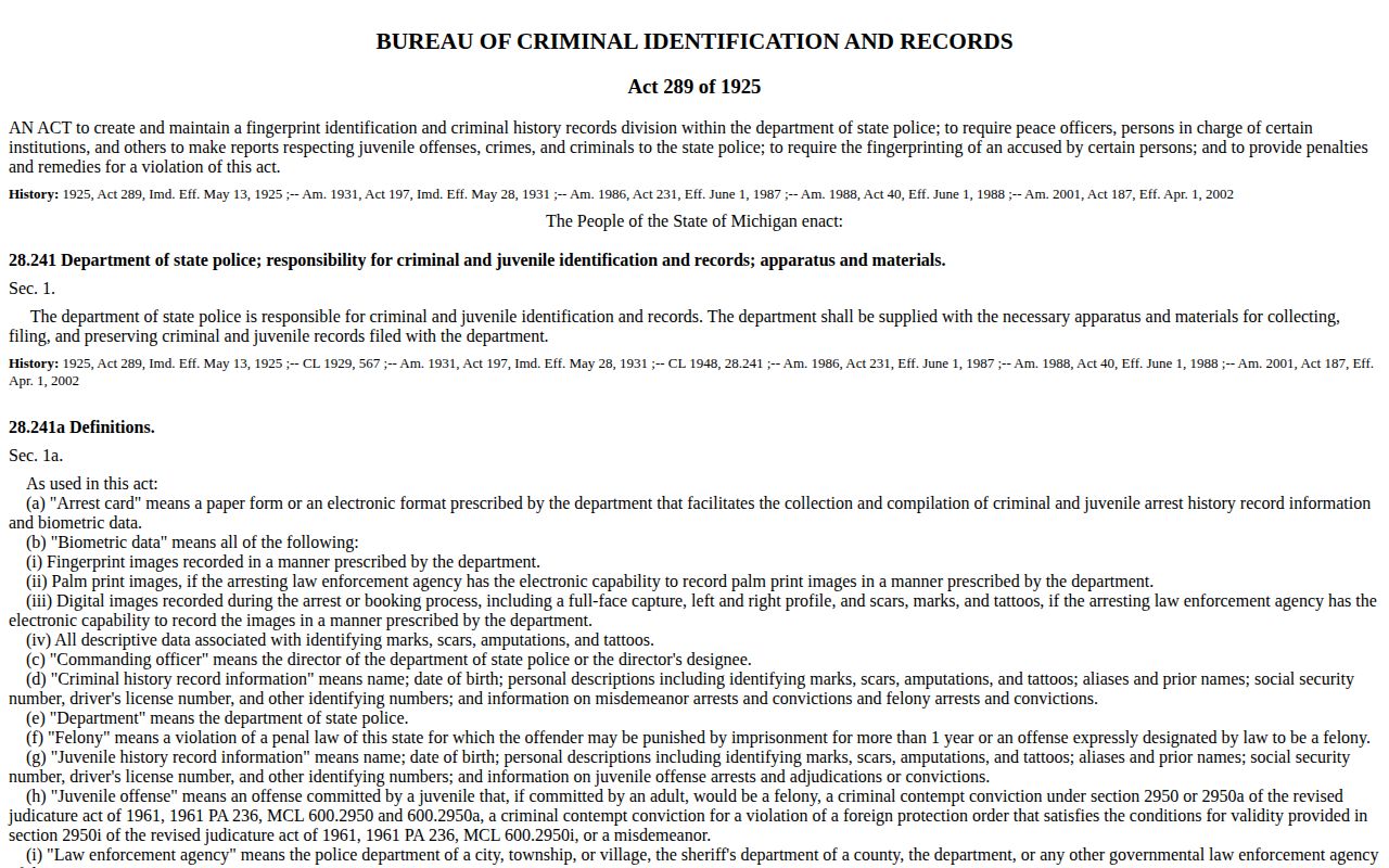 Michigan arrest-card correction and destruction record rules