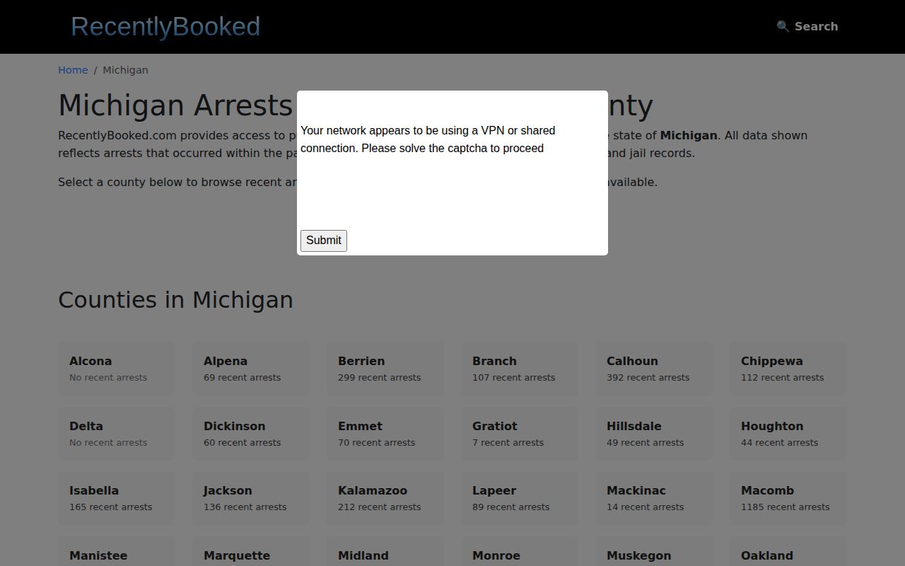 Michigan secondary booking index with changing county coverage