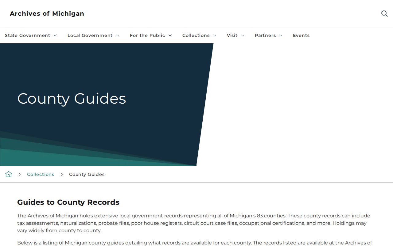 Michigan Archives county guides page for local government record research