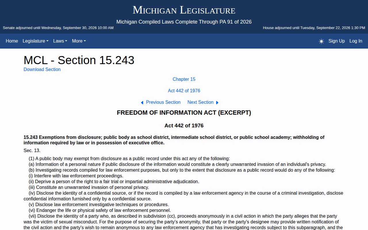 Michigan FOIA exemptions affecting arrest and booking records