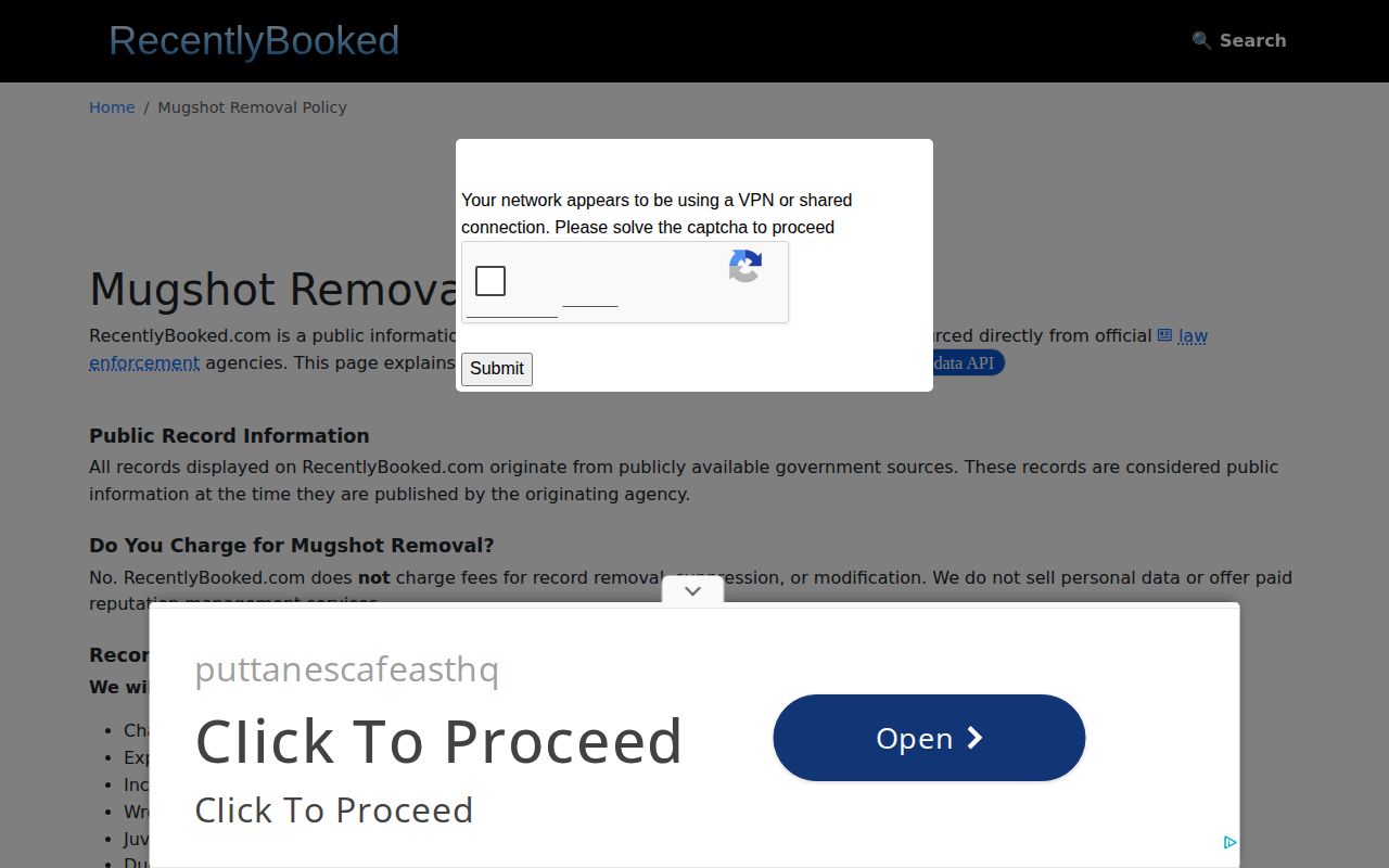 Michigan Recently Booked policy page for free mugshot correction and removal requests