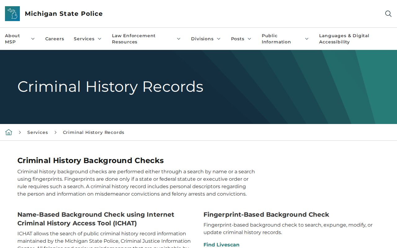 Michigan criminal-history search separated from live booking records