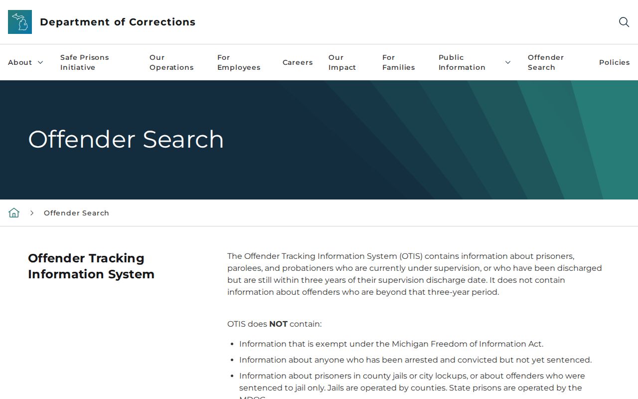 Michigan OTIS offender-search scope and booking-record exclusions