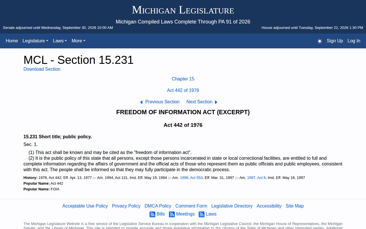 Michigan FOIA public-body and booking-record framework
